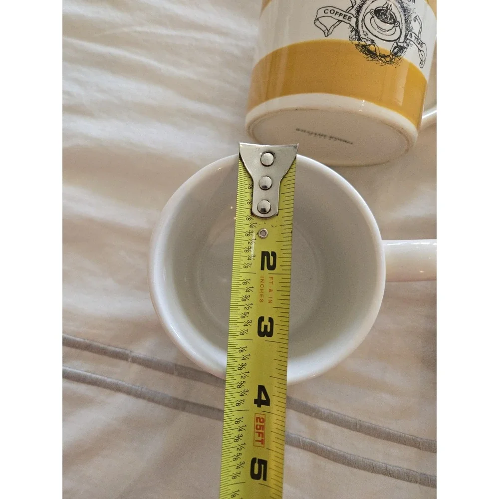 4 Williams Sonoma Mugs Dijon Stripe Gold White Coffee Shop Black Labels